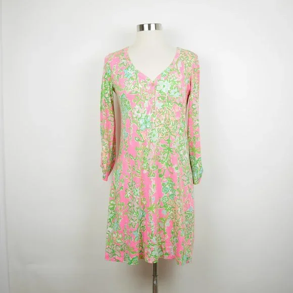 LILLY PULITZER Women's S Pink & green cotton flared floral dress 3/4 sleeves
